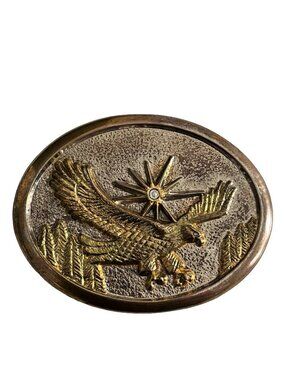 Vintage Eagle Belt Buckle Western Americana Flying Eagle Star Forest Scene 1980s